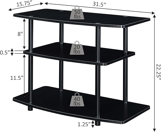 Convenience Concepts Designs2Go No Tools 3-Tier TV Stand 31.5" - Entertainment Center for TVs up to 37 Inches, Modern TV Console with Shelves for Living Room, Family Room, Black