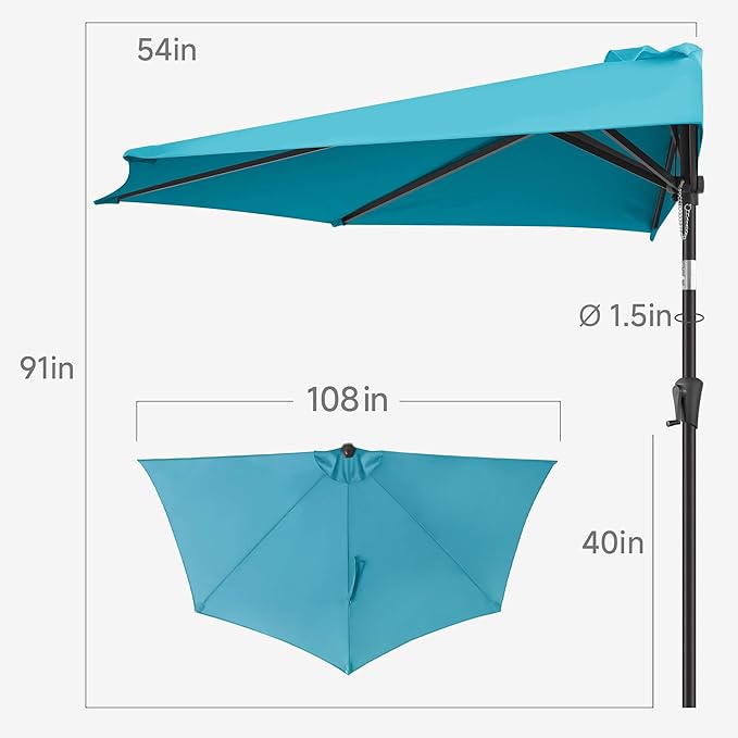 9ft Half Umbrellas Outdoor - Half Patio Umbrella with Tilt, UV Protection Waterprool, Half Round Umbrella for Wall Balcony, Pool, Porch, Garden, Deck, Backyard (Aqua Blue)
