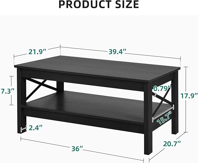 YITAHOME Coffee Table for Living Room, Modern Farmhouse Coffee Table with Storage, 2-Tier Center Table Wood Living Room Table Accent Cocktail with Sturdy Frame, Black