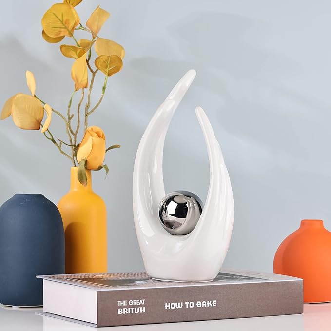XMGZQ White Ceramic Abstract Statues and Sculptures,White and Sliver Art Ceramic Statues,Modern Home Decor for Living Room,Dining Table, Coffee Table,Shelf, Entrance,Home Desktop Sculpture Home Decor