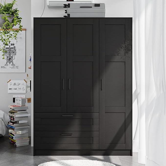 Wood Wardrobe Closet with 3 Doors and 2 Drawer，Bedroom Freestanding Armoire Storage Cabinet with Shelves，Wooden Wardrobe Combination for Hanging Clothes