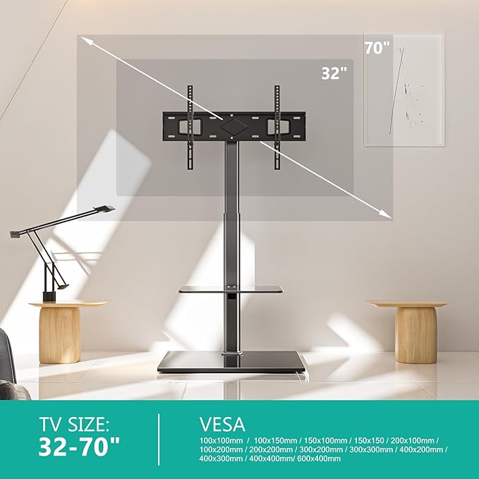 WALI TV Floor Stand for 32-70inch TVs up to 88lbs, Universal Floor TV Stand Mount, Swivel and Height Adjustable Tall TV Stand with Tempered Glass Base and Shelf for Living Room,Bedroom,Office(TVDVD-6)