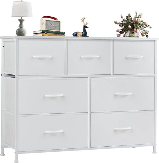 OLIXIS Dresser for Bedroom, 7 Storage Drawers, Wide Fabric Closet Chests Organizer Tower Furniture, TV Stand with Wooden Top Metal Frame for Clothes, Living Room, Hallway, Entryway, Classic White