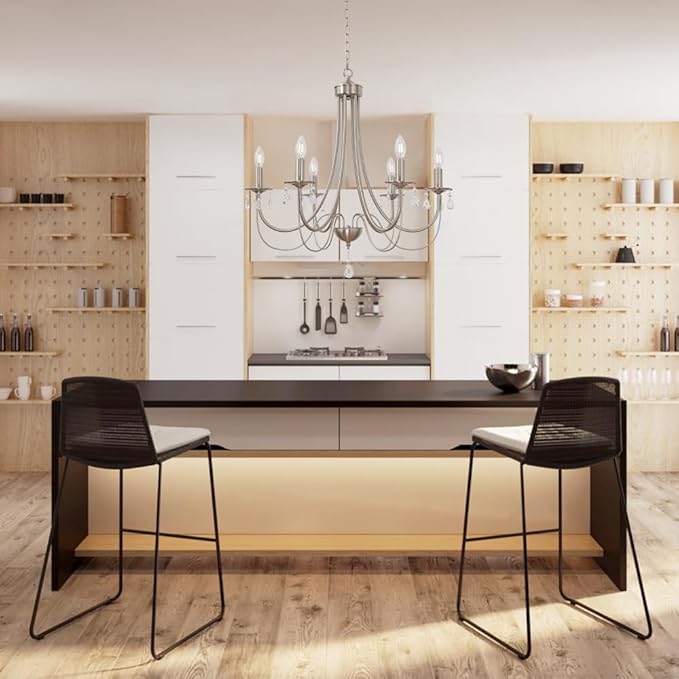 Farmhouse Chandeliers 6 Lights Brushed Nickel Modern Farmhouse Pendant Lighting Crystal Kitchen Ceiling Light Fixtures for Dining Room Living Room