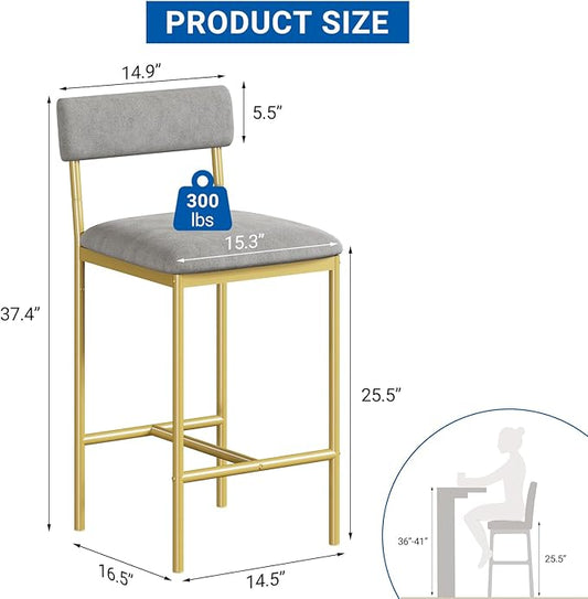 GAOMON Bar Stools Set of 2, Kitchen Bar Stools with Footrest, 25.5 Inches Upholstered Bar Chairs with Back, Counter Height Barstools for Counter Bar, Island, Easy Assembly,Gray and Gold