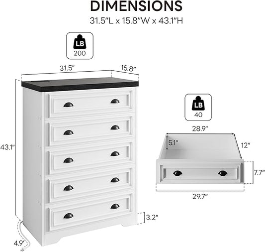 LIKIMIO 5-Drawer 43" Tall Dresser with Built-in Charging Station - Farmhouse Style Bedroom Storage Cabinet, Black &White