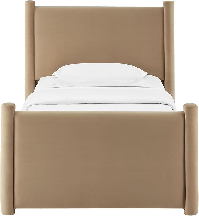 Modway Rael Twin Platform Bed Frame with Upholstered Headboard and Footboard in Taupe – Stain-Resistant Performance Velvet Twin Size Bed with Rounded Posts