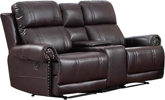 EBELLO Faux Leather Electric Reclining Loveseat Sofa, Power Recliner Two Seats Couch with USB and Type-C Charging Ports, Vintage Rivet Design for Small Living Room, Bedroom and Meeting Room, Brown