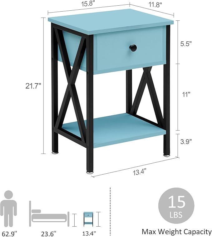 VECELO Nightstand,Modern Bedside End Table, Night Stand with Drawer and Storage Shelf for Living Room Bedroom, Industrial Metal Frame