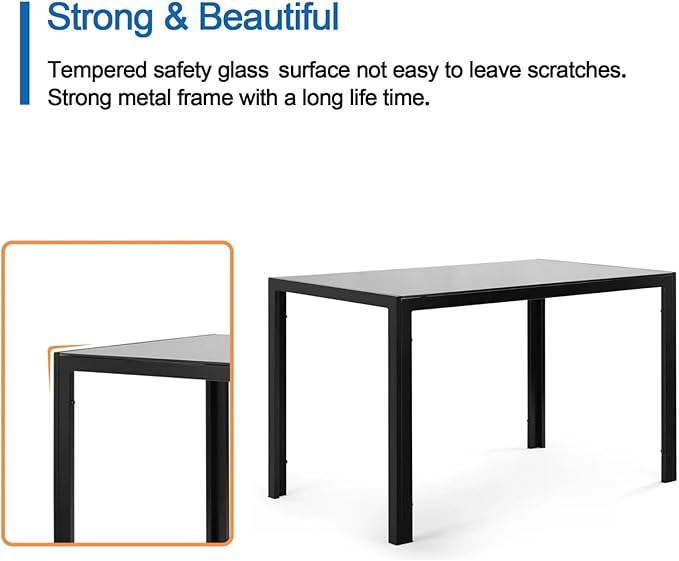 Tempered Glass Dining Table, Minimalist Rectangular Table with Transparent Surface and Metal Frame Construction, 47.3'' Table up to 4 People, Supports up to 170 Lbs, for Family Meals, Black