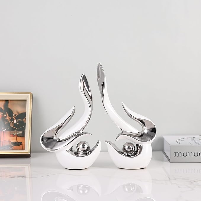 2PCS Abstract Ceramic Sculptures for Modern Decor, Sculptures Home Decor Accent,Abstract Art Figurines for Living Room Decorative Objects,Tabletop Centerpiece for Entryway,Shelf,TV Stand(White Silver)