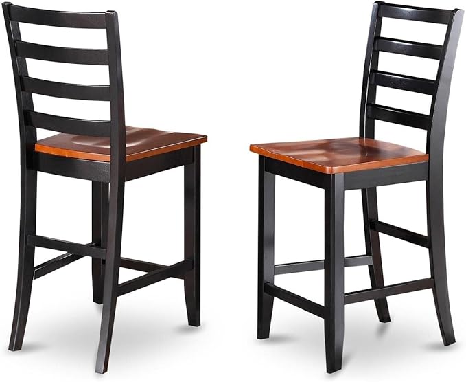 East West Furniture FAS-BLK-W Fairwind Counter Height Barstools - Ladder Back Wood Seat Chairs, Set of 2, Black & Cherry
