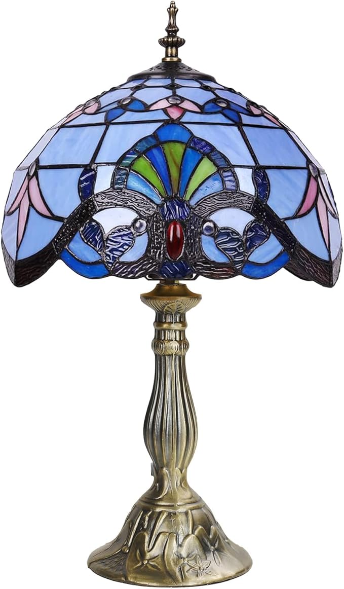 YingJu Tiffany Lamp,Blue Stained Glass Lamp,12X12X19 Inches Vintage Table Lamp for Bedroom,Living Room,Home Office（Including 2 LED Bulbs）