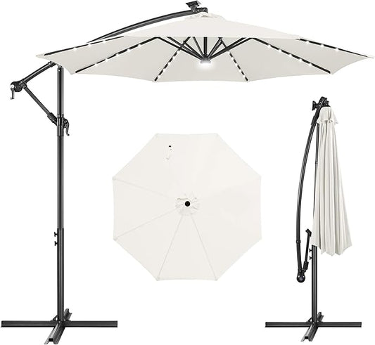 Solar Offset Patio Umbrella - 10 FT Solar Cantilever Umbrella Outdoor with 40 LED Lights and Cross Base, UV Protection for Garden, Deck, Backyard, Pool, Porch, Ivory