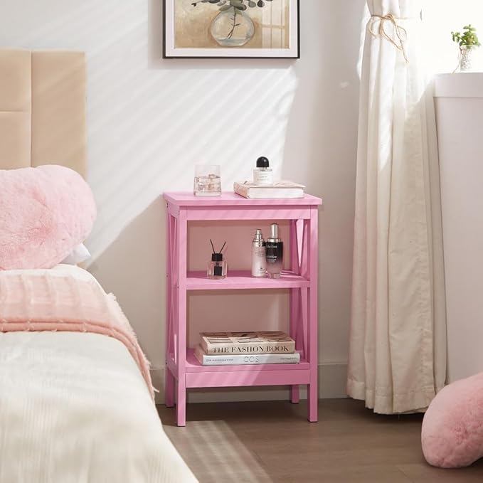 VECELO End Table, Bedside Table, 24" Tall Living Room End Tables, X-Design Reinforced Nightstands, Side Table with 3-Tier Storage Shelves for Small Spaces, Office, Bathroom, Bedroom, Pink