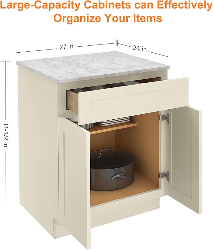 LOVMOR Kitchen Base Cabinets, Sideboard Storage Cabinet, Entryway Cabinet with 1-Drawer & Adjustable Shelf, 27" W X 24" D X 34-1/2"H