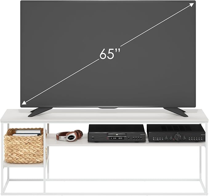 Furinno Moretti TV Stand, 3-Tier Metal Frame Modern Entertainment Center, Open Shelf TV Console for TV up to 60 Inch, for Living Room, Bedroom, Solid White