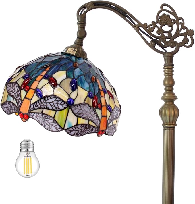 WERFACTORY Tiffany Floor Lamp Sea Blue Yellow Stained Glass Dragonfly Arch Lamp 12X18X64 Inch Gooseneck Adjustable Corner Stand Reading Light Decor Bedroom Living Room S128 Series