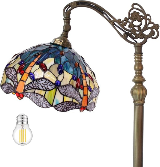 WERFACTORY Tiffany Floor Lamp Sea Blue Yellow Stained Glass Dragonfly Arch Lamp 12X18X64 Inch Gooseneck Adjustable Corner Stand Reading Light Decor Bedroom Living Room S128 Series