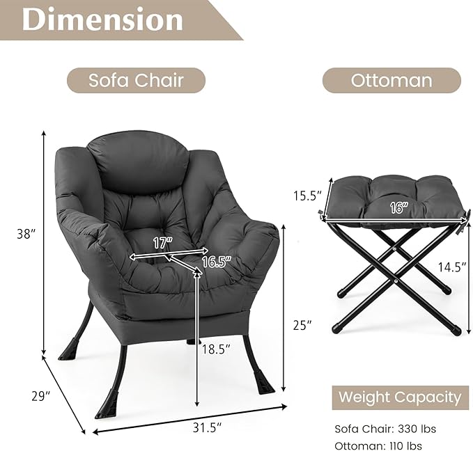 GORELAX Lazy Chair with Ottoman, Modern Accent Chair w/Armrests & Side Pocket, Upholstered Lounge Sofa Chair & Folding Footstool Set, Reading Chair for Bedroom, Living Room, Dorm Room (Grey)