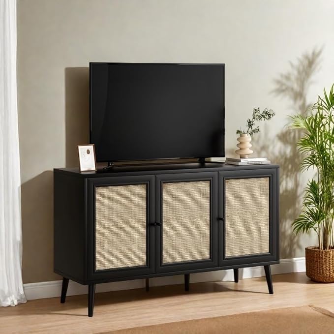 FONTOI Rattan Entryway Table, Entertainment Center with Adjustable Shelf, Sideboard Buffet Cabinet with 3 Rattan Doors, Modern Console Cabinet with Large Storage for Living Room, Kitchen, Black