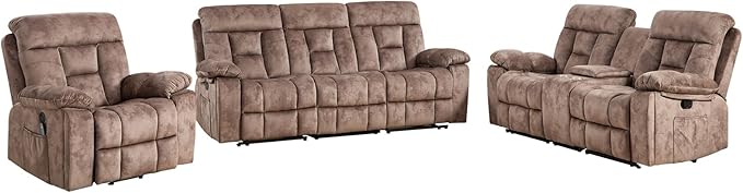 CANMOV Reclining Sofa Set, 3 Pieces Recliner Sofa Set, Power Lift Recliner Chair, Reclining Loveseat and 3-Seat Sofa for Living Room, Camel-Brown