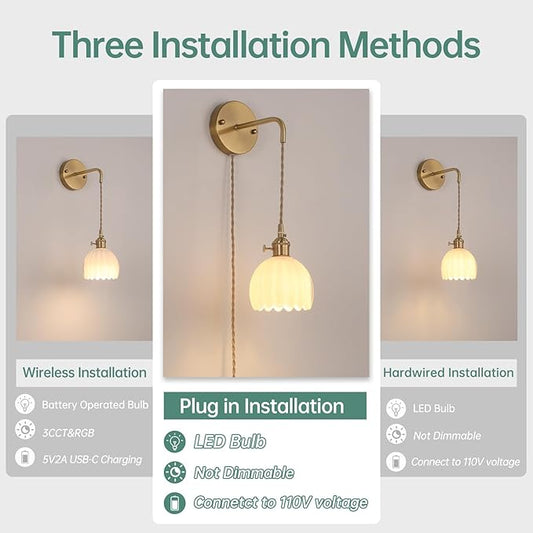 Vintage Wall Sconce with White Tulip Glass Shade Hanging Wall Sconce with 4.9FT Plug in Cord, Modern Wall Lamp Fixtures Decor for Bedside Bedroom Indoor Doorway