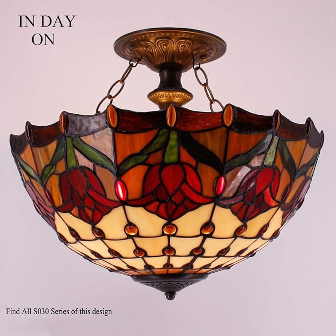 WERFACTORY Tiffany Ceiling Light Fixture Red Yellow Tulip Stained Glass Semi Flush Mount Lamp Wide 16 Inch Height 15 Inch Tiffany Ceiling Lamp S030 Series