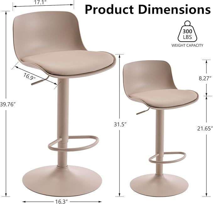Kidol & Shellder Bar Stools Set of 2 Cream Adjustable Swivel Counter Height Stools, Modern PU Leather Upholstered with Back Solid Color Barstools for Kitchen Island