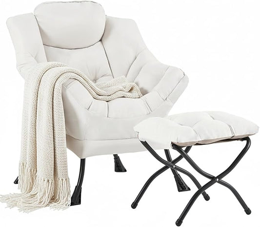 Cozy Lazy Chair and Ottoman, Large Contemporary Peach Beige Accent Chair Set, Leisure Upholstered Reading Armchair for Bedroom, Living Room, Dorm Rooms, Office, Balcony