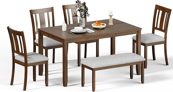 6-Piece Wooden Dining Set - Table & Chairs for 6, Includes Table, 4 Upholstered Chairs & 1 Bench, Walnut