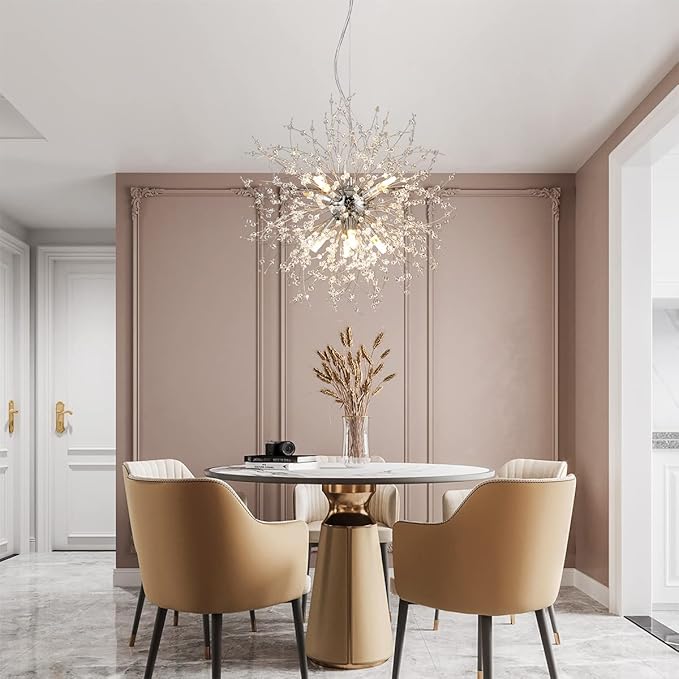 Dandelion Crystal Chandeliers, 8-Light Small Chrome Firework Pendant Lights, 15.7" Stainless Steel Sputnik Chandelier Light Fixture for Kitchen Island Bedroom