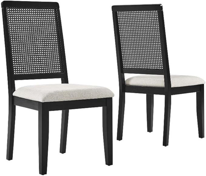 Modway Arlo Wood and Faux Rattan Dining Chairs Set of 2 in Black Black Heathered Weave Ivory - Modern Farmhouse Accent Chairs - Fabric Upholstered Chairs for Dining Room