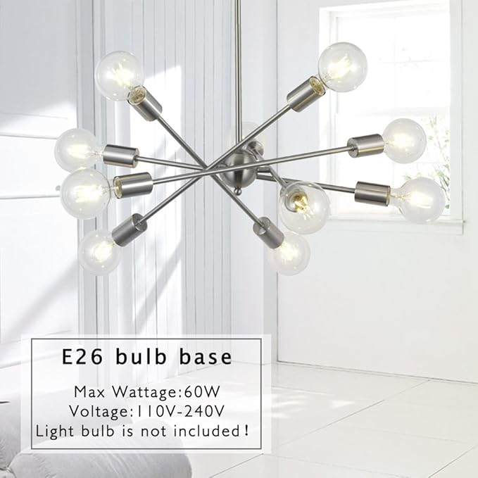 BONLICHT Modern Sputnik Chandelier Lighting 10 Lights with Adjustable Arms Mid Century Brushed Nickel Pendant Lighting for Kitchen Living Room Dining Room Foyer