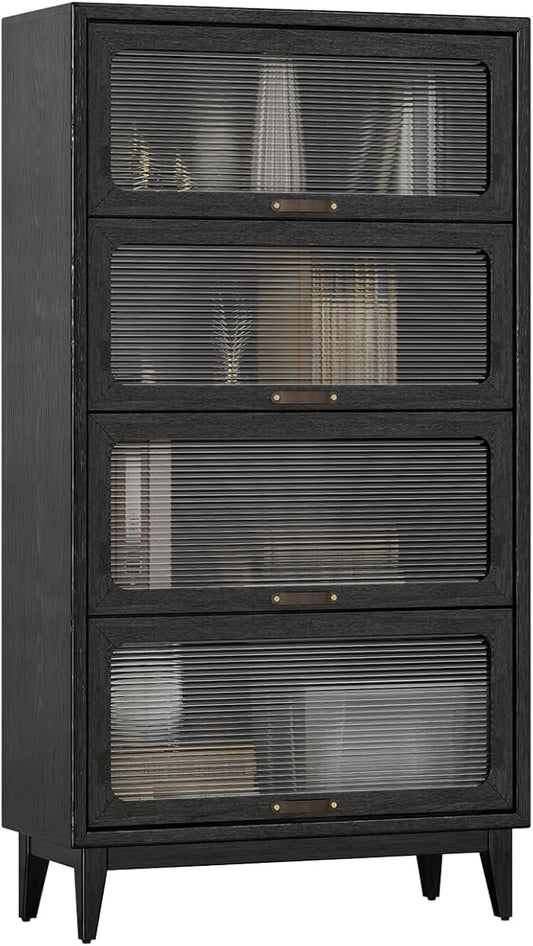 60'H Solid Wood Bookcase,4 Tier Tall Black Book case with Doors, Display Cabinet Storage Shelves for Collectibles, Living Room Bedroom Home Office Kitchen