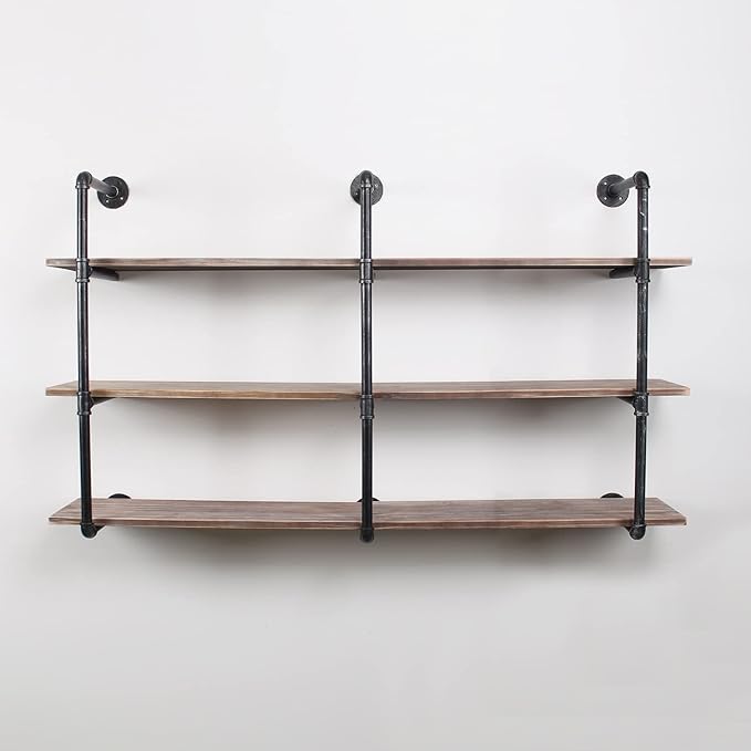 MBQQ Industrial Pipe Shelving Wall Mounted,63in Rustic Metal Floating Shelves,Steampunk Real Wood Book Shelves,Wall Shelf Unit Bookshelf Hanging Wall Shelves,Farmhouse Kitchen Bar Shelving(3 Tier)