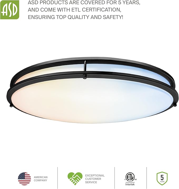 ASD LED 32" Oval Flush Mount Lighting, Close to Ceiling Light Fixture | 5CCT, Dimmable, ETL Listed | 50W 4195LM 2700-5000K 120V | Low Profile Double Ring Lamp | Black, 2 Pack