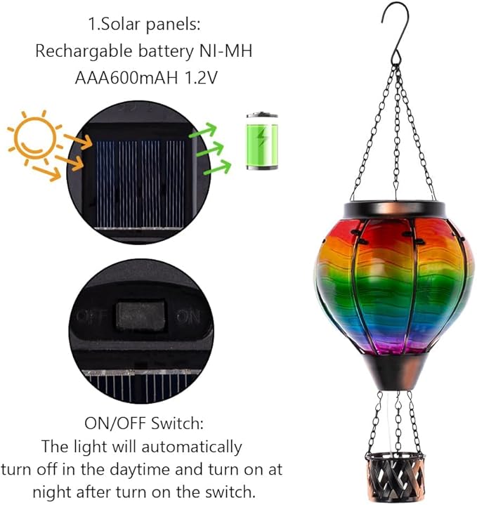 2PCS Colorful Solar Hot Air Balloon Lantern with Flame,Rainbow Wave Glass Solar Hanging Light Outdoor Waterproof for Garden Tree Yard Patio Party Decor