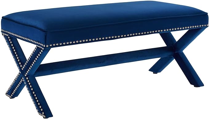 Modway Rivet Contemporary Modern Upholstered Velvet X-Base Accent Bench With Nailhead Trim In Navy