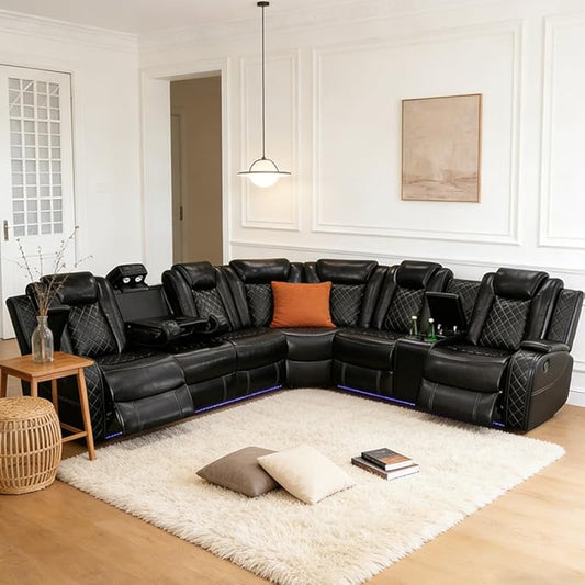 Power Reclining Sectional Sofa with LED, Leather Recliner Couch for Living Room/Home Theater, Sectional Reclining Couches with Wireless Charging/Hide-Away Storage