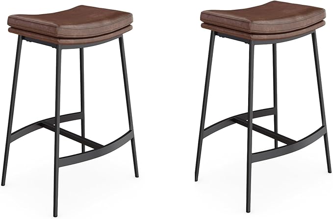 Arlo Modern Backless Upholstered Kitchen Counter Bar Stool with Double-Layered Saddle Seat and Black Metal Base, Brown/Matte Black, Set of 2