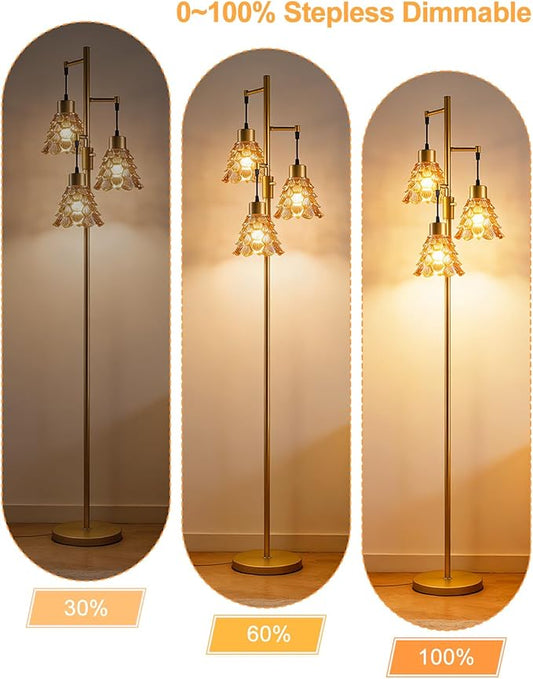 Lightdot 67" Glass Floor Lamps for Living Room, 3-Light Dimmable Floor Lamp with Brown Glass Shade& E12 Bulbs Included, Mid Century Standing Tall Lamp for Bedroom/Sofa Beside/Corner Decor-Gold