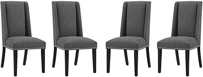 Modway Baron Modern Tall Back Wood Upholstered Fabric Four Dining Chairs in Gray