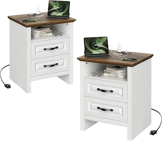 Marsail Nightstand Set of 2 for Bedroom, Night Stand with Charging Station, Bedside Table with 2 Drawers & Open Shelf, Farmhouse End Table Storage Cabinet, Wood White