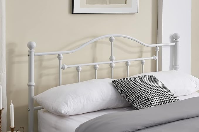 VECELO Full Size Bed Frame, Metal Platform Mattress Foundation/Box Spring Replacement with Headboard Victorian Style, White