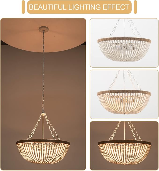5 Lights Bohemia Wood Beaded Chandelier Farmhouse Antique Rustic Pendant Light for Bedroom Kitchen Island Dining Living Room, White, Dia 22 Inch