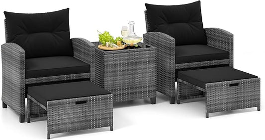 Tangkula 5 Pieces Patio Conversation Set, PE Wicker Rattan Outdoor Furniture Set with 2 Chairs, 2 Ottomans & Tempered Glass Coffee Table, Ideal for Poolside, Backyard, Lawn, Deck, Mix Grey & Black