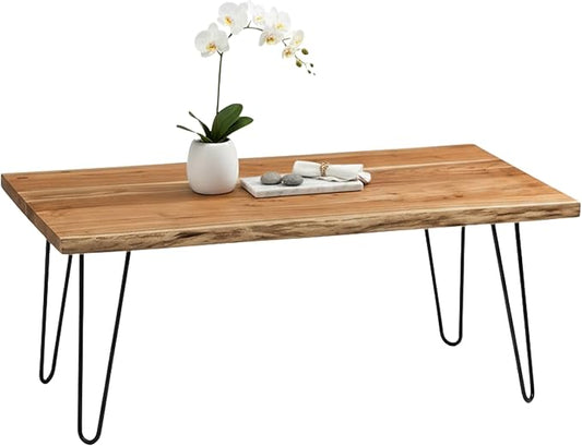 Alaterre Furniture Live Edge Wood Coffee Table with Hairpin Metal Legs – Rustic Modern Farmhouse Living Room Table with Acacia Wood Top (48 Inch)