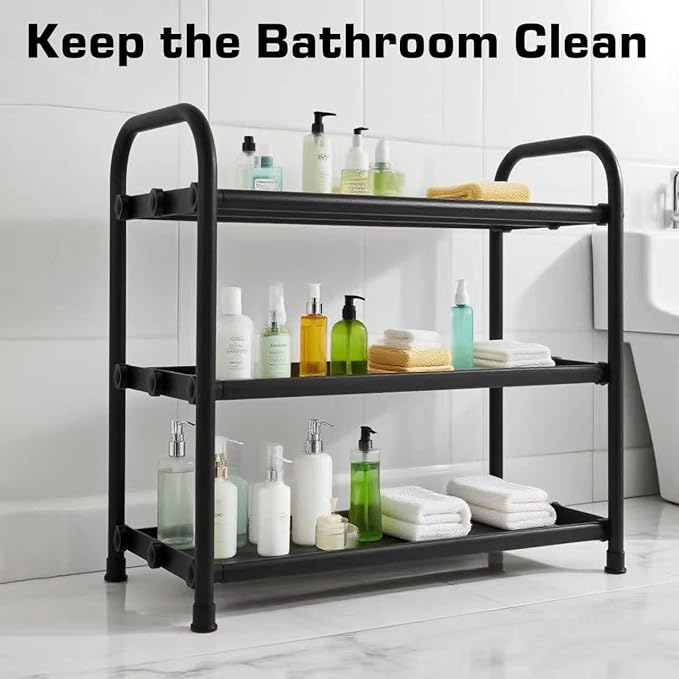 HESPULA 3-Tier Shoe Rack，Stainless Steel Shoe Organizer Storage Shelf，No Tools Required Hand-Tightened Screws，Space Saving for Entryway，Closet，Garage (Black)