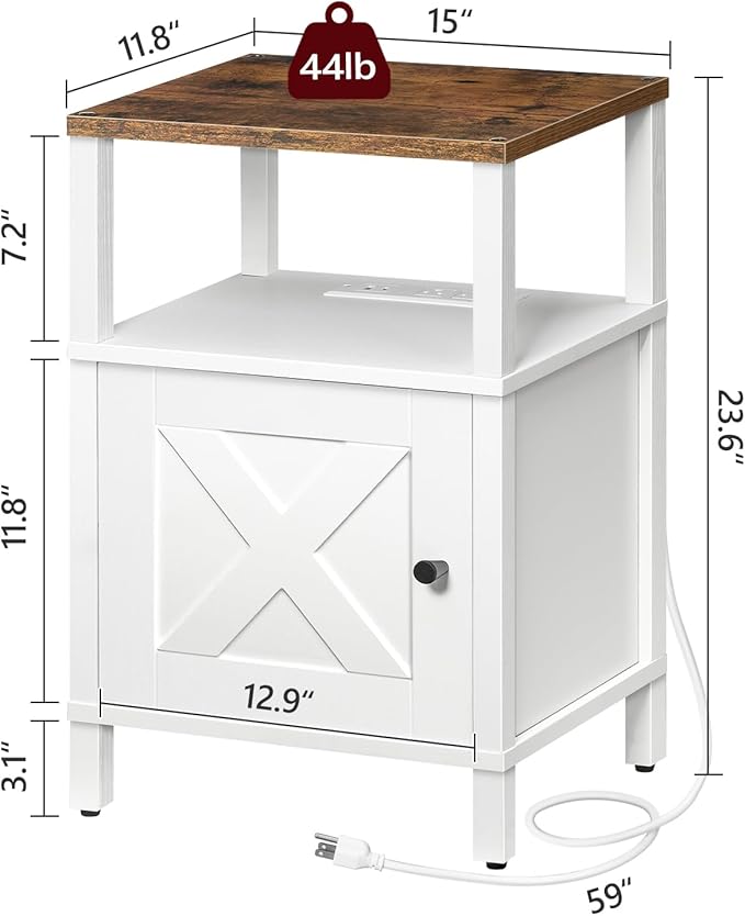 Set of 2 Farmhouse Nightstand with Charging Station, White Bedside Table with USB&Type-C Ports and Outlets, End Table with Storage, Night Stand for Bedroom, White and Rustic Brown